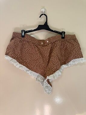 Polka Dot Lace-Trim Boxer Sleep Shorts - Brown